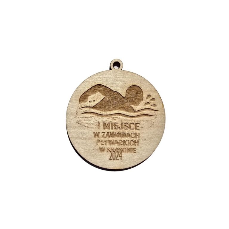 Drewniany medal na zawody pływackie – personalizowany, 65×59 mm
