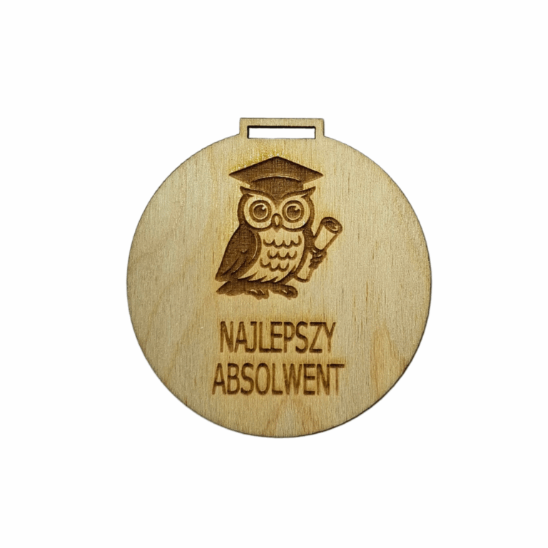 Drewniany medal okolicznościowy "Najlepszy Absolwent" 59 mm x 65 mm z zawieszką